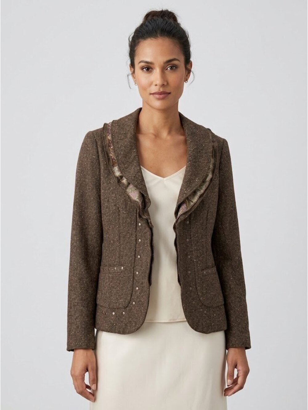 Coldwater Creek Jacket 10 Brown Tweed Wool Blend Studded Ruffle Collar